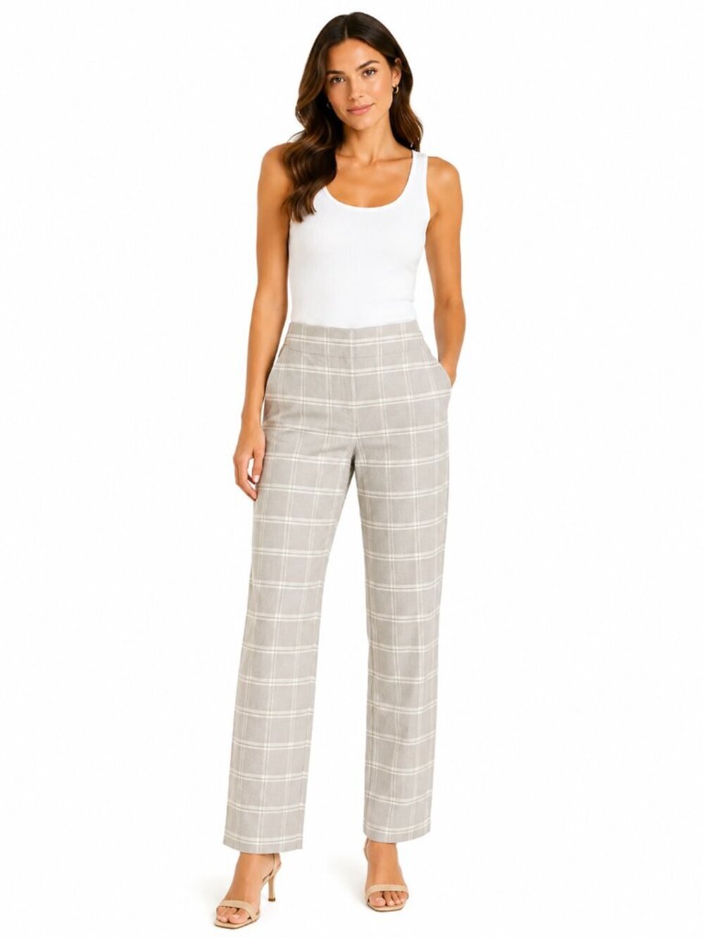 TAILORED by REBECA TAYLOR Linen Blend Trouser Pant Grey White Plaid Size 2
